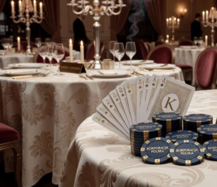 Stoły eventowe z elegancką scenografią i brandingiem marki podczas wydarzenia firmowego