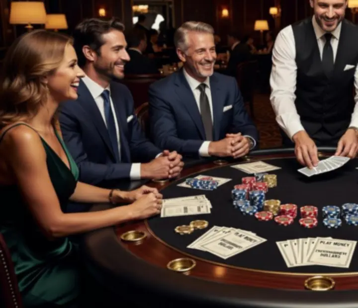 Profesjonalnie zaaranżowane stoły pokerowe, ruletka i blackjack podczas eleganckiego eventu