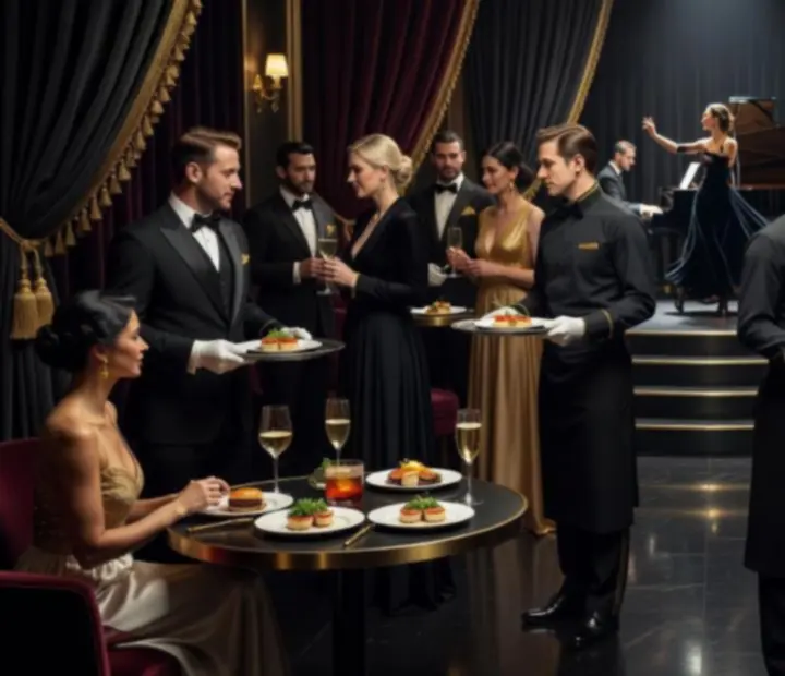 Strefa lounge z cateringiem i oprawą artystyczną podczas wieczornego eventu