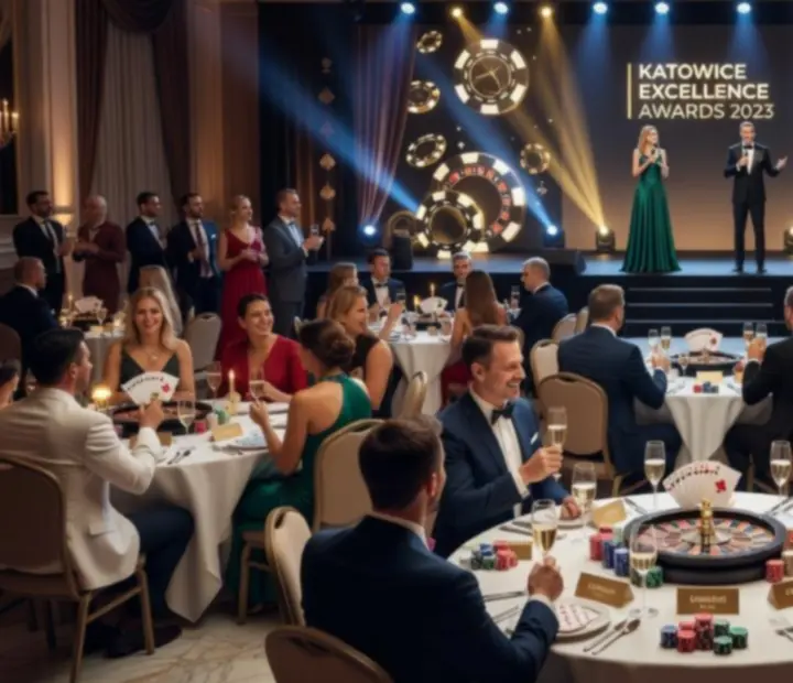 Gala z rozdaniem nagród w Katowicach z oświetloną sceną i stołami do gier