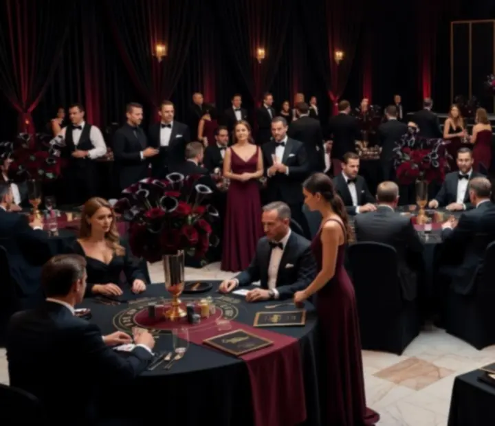 Elegancka gala Casino Royale w warszawskim hotelu z czerwonym dywanem, sceną i stołami kasynowymi
