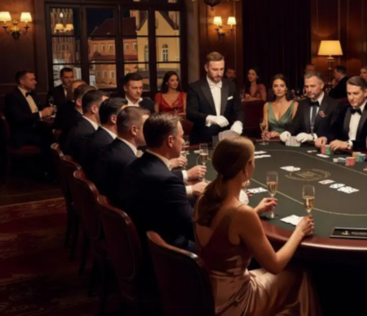Kameralny wieczór pokerowy VIP we Wrocławiu z elegancko ubranymi gośćmi przy stole