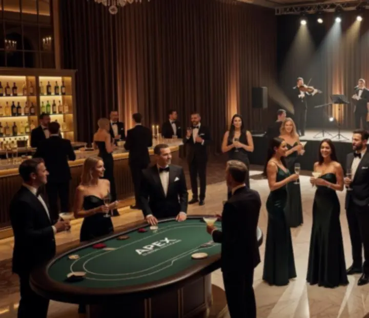 Fragment kolażu zdjęć z eleganckich wydarzeń, w tym gali z kasynową scenografią